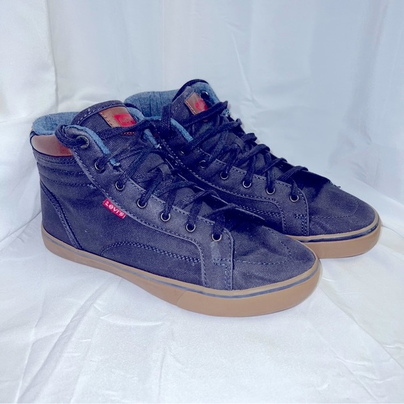 LEVI'S High Top Blue Denim Sneakers Men’s Size 6 Canvas & Tan Leather Levi LOGO - Picture 3 of 12